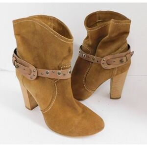 Andre Assous Italy Brown Suede Slouch Ankle Boots Studded Buckle Block Size 36